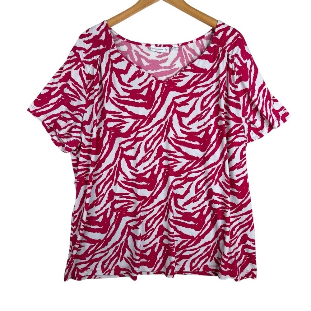Susan Graver Zebra Stripe Liquid Knit Short Sleeve Blouse size 2X Pink/White